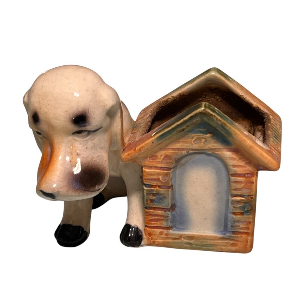 Vintage ceramic dog and doghouse planter 1940s Occupied Japan puppy